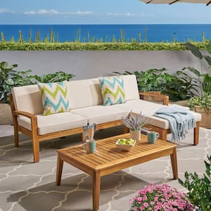 Large L-Shaped Wood Outdoor Sofa with Beige Cushions - Premium Comfortable Sectional Couch, Modern and Stylish