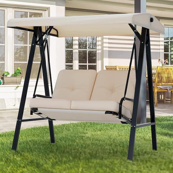 AECOJOY 2-Person Metal Patio Swing with Canopy and Cushions in Beige  19031BG-HD01 - The Home Depot