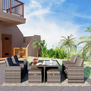 Gray 9-Piece PE Wicker Outdoor Dining Set Aluminum Frame Conversation Set with Dark Gray Cushions and Ottomans