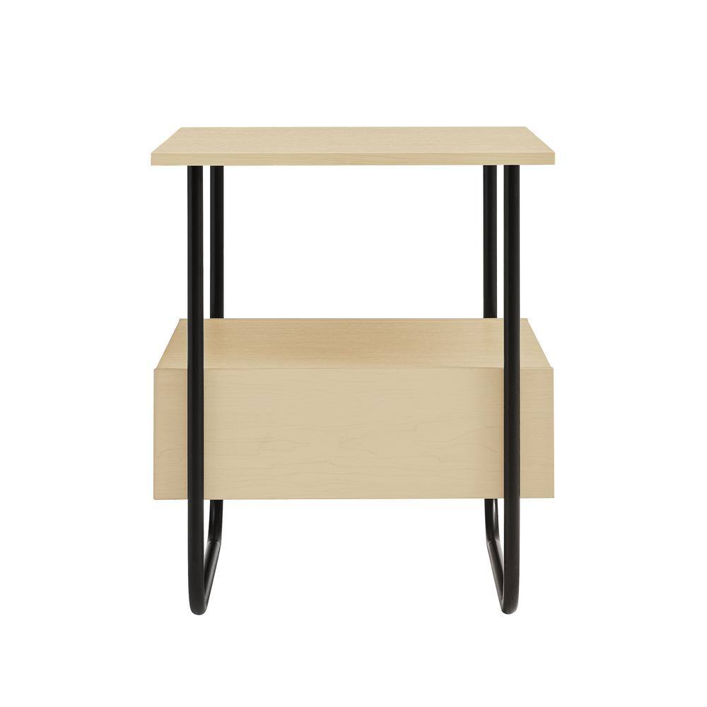 Light Maple and Black Metal Modern End Table with Open Shelf