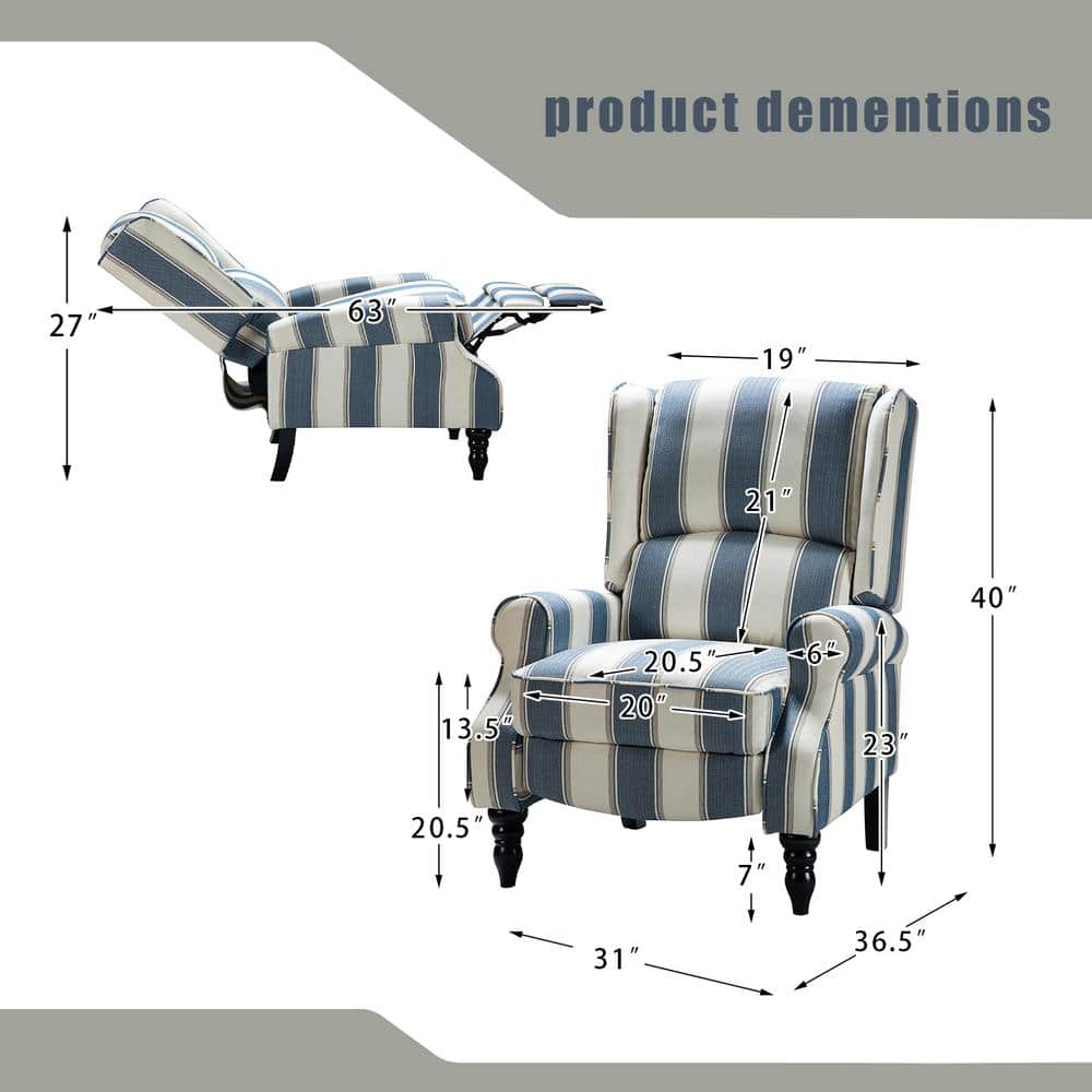 Stripe Navy Ergonomic Wingback Recliner Set with Wood Legs