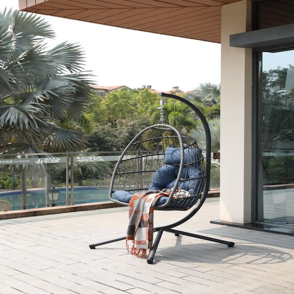Blue Cushion Egg Chair with Stand, Wicker Swing Chair with Cup Holder & Removable Guardrail