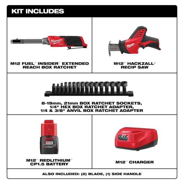 M12 FUEL INSIDER 12V Lithium-Ion Brushless 1/4-3/8 in. Extended Reach Box Cordless Ratchet Kit w/ Battery & Recip Saw