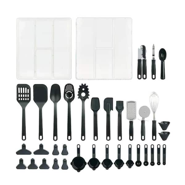 36-Piece Kitchen Cooking Tools Utensils Set with Space-Saving Drawer Organizer Storage Tray for Home Chefs, Black