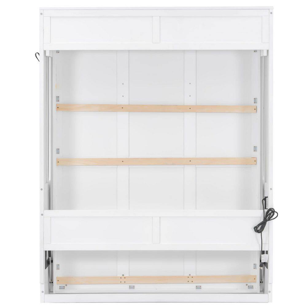 White Wood Frame Queen Murphy Bed with Desk, LED Lights and USB Charging Station - thumbnail 4