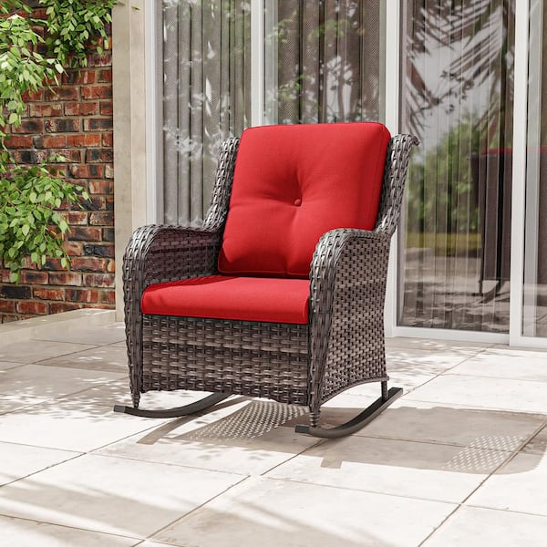 JOYSIDE Wicker Outdoor Patio Rocking Chair with Red Cushion JS PRC M04C RED The Home Depot