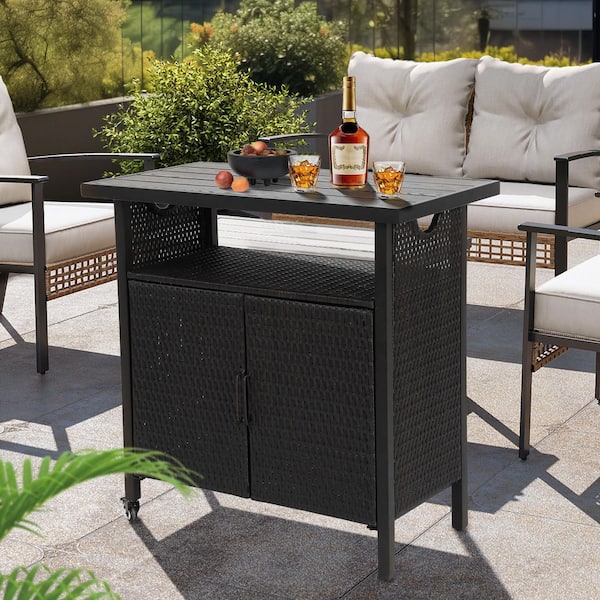 Outdoor Rolling Black Wicker Bar Serving Carts with Storage Cabinet and Wheels Prep Station Kitchen Island