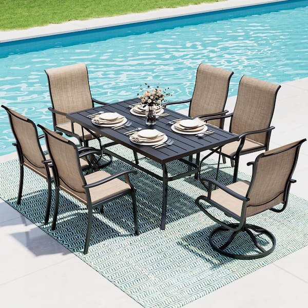 PamaPic Beige 7-Piece Metal Outdoor Patio Dining Set with 6 Textilene Chairs and Rectangle Table