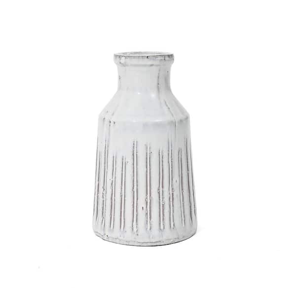 LuxenHome White Vintage Ribbed Terracotta Round Vase