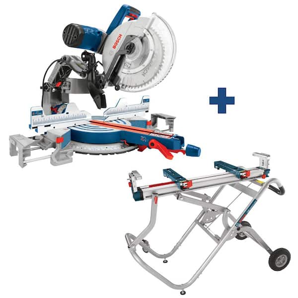Bosch 15 Amp 12 in. Corded Dual-Bevel Sliding Glide Miter Saw Combo Kit with Bonus Gravity Rise Wheeled Miter Saw Stand