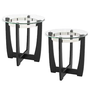 Glass End Table Set of 2 24'' Round Side Table with Tempered Glass Top Transparent & Black