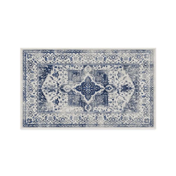 Machine Washable Rug with Standard Pad - Kira Delft Blue 3 ft. x 5 ft.
