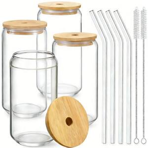 Wudkey 16-Pack 16 oz. Glass Cups with Bamboo Lids and Straws, Drinking ...