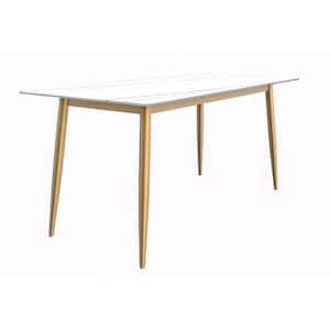 Zayle Mid Century Modern White/Gold Sintered Stone Tabletop 71 in. 4 Legs Dining Table Seats 6