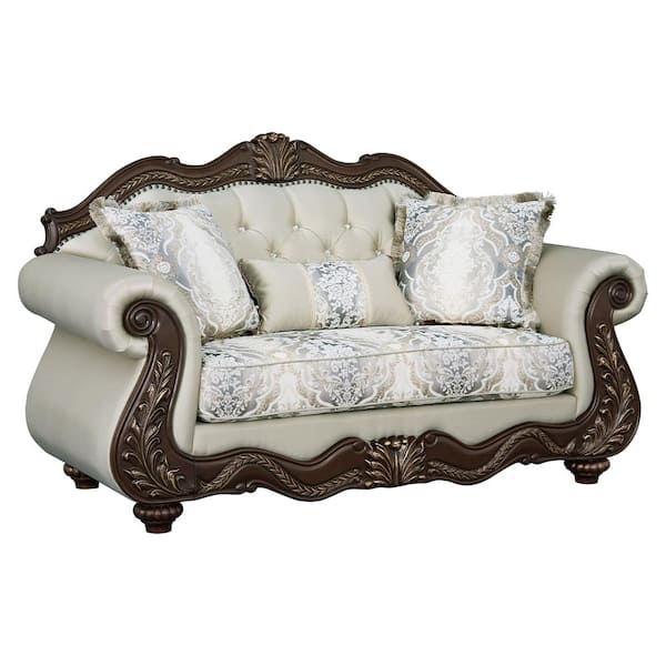 Acme Furniture Pierce 35 in. Beige Fabric and Cherry Finish 2-Seat Loveseat with 3-Pillows