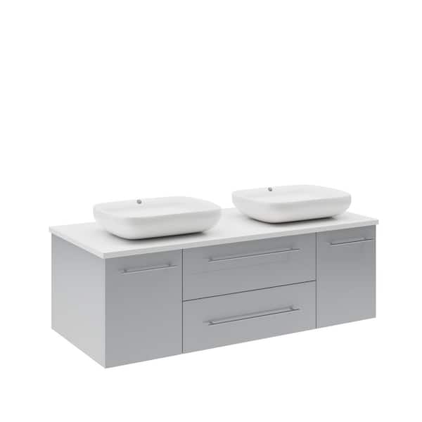 Fresca Lucera 48 in. Double Sink Wall Mount Floating Gray Bath Vanity with White Quartz Top and Vessel Ceramic Sinks