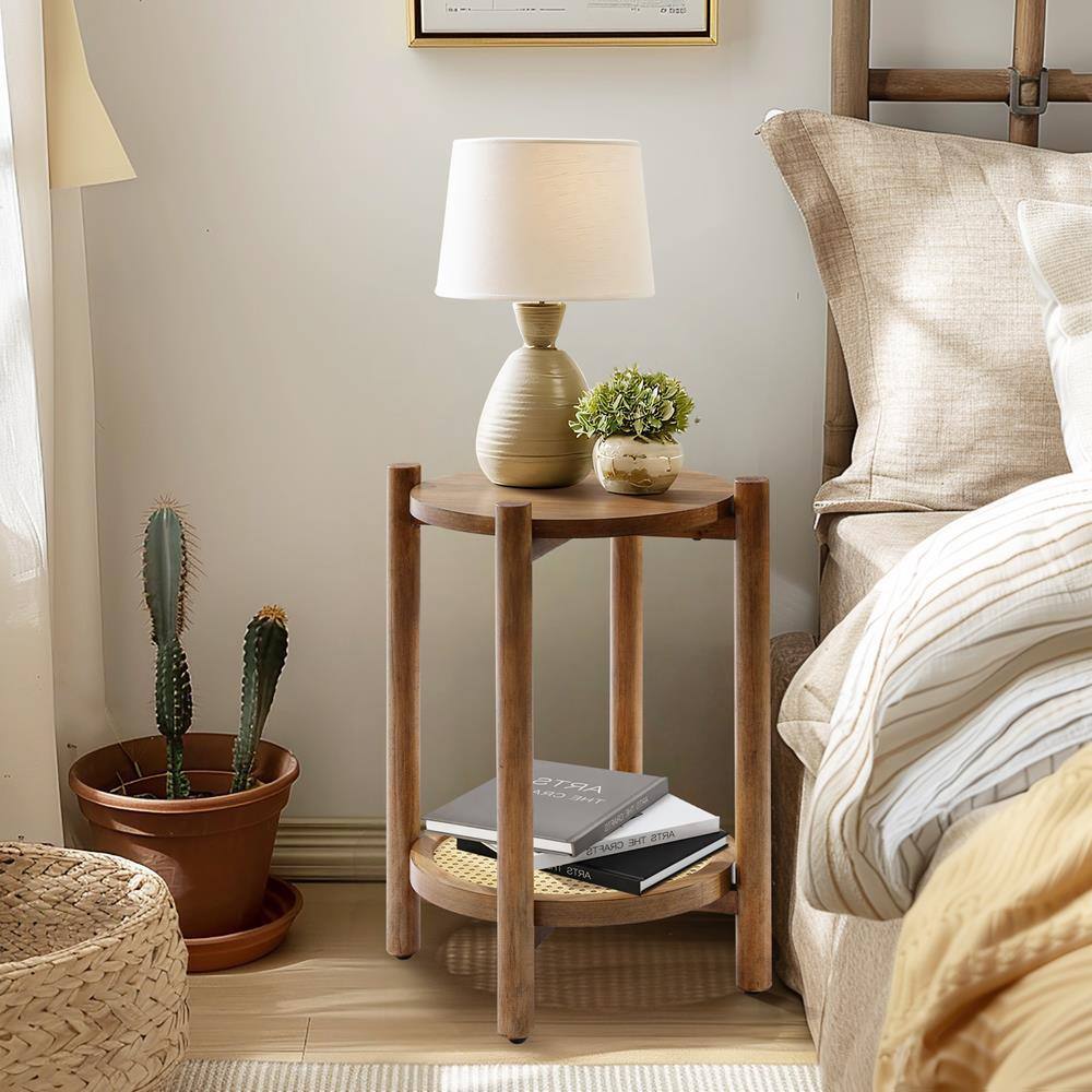 Chestnut Finish Pine and MDF Round Table with Rattan Shelf
