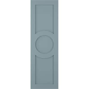 True Fit 15 in. x 48 in. PVC Center Circle Arts and Crafts Fixed Mount Flat Panel Shutters Pair in Peaceful Blue