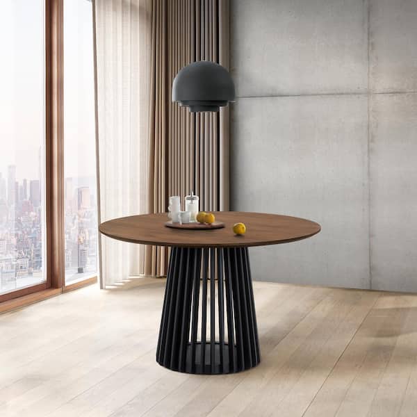 Armen Living Pasadena Contemporary Brown/Black Walnut Wood Veneer 47 in. Pedestal Base Round Dining Table - Seats 4