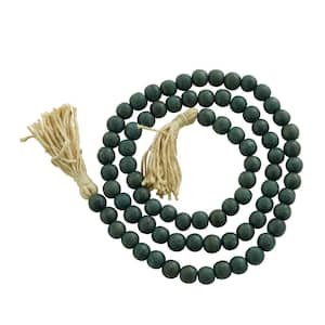 80 in. Green Handmade Mango Wood Round Long Carved Beaded Garland with Tassel