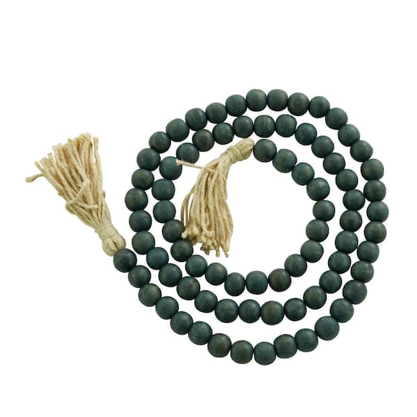 Litton Lane 80 in. Green Handmade Mango Wood Round Long Carved Beaded Garland with Tassel