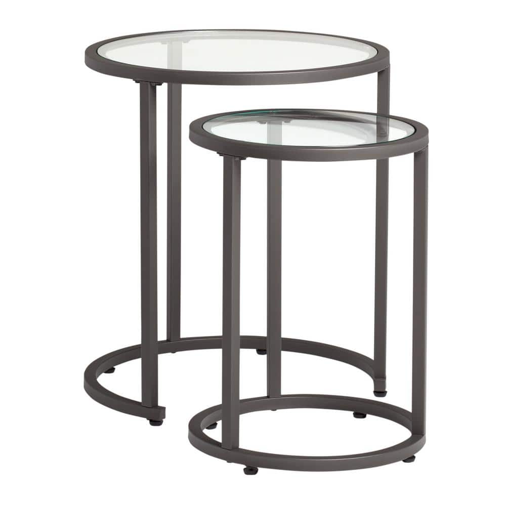 Camber Pewter Metal and Glass Round Nesting Table Set