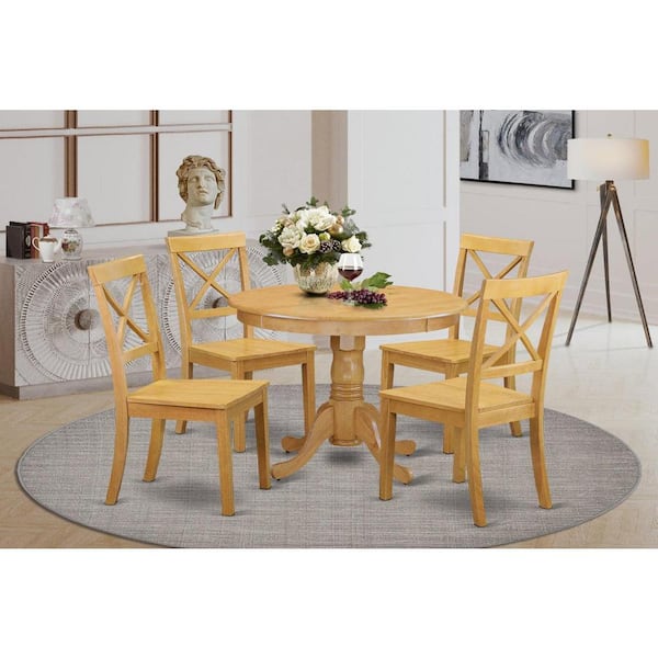 East West Furniture 5-Piece Natural Oak Finish Solid Wood Top Dining table with 4 Chairs with Lattice Back