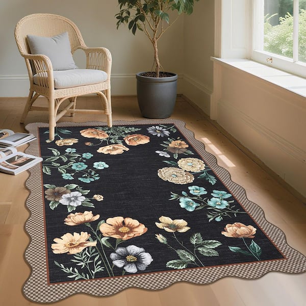 Black 9 ft. x 12 ft. Floral Scalloped Rug Low Pile Non-Slip Polyester for Living Rooms and Bedrooms