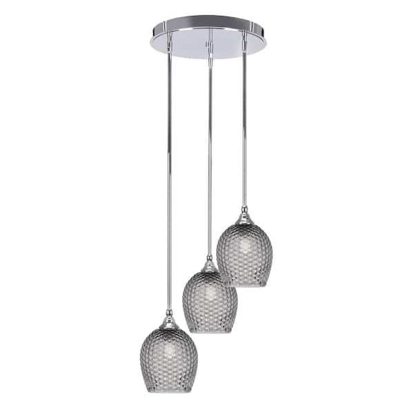 Unbranded Villa 60-Watt 15.75 in. 3 Light Chrome Stem Pendant Light with 7.5 in. Smoke Textured Glass Shade, No bulbs included