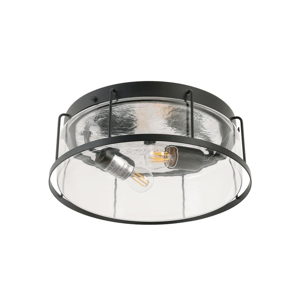 13 in. W 2-Light Matte Black Flush Mount Indoor Drum Shape Clear Glass Ceil