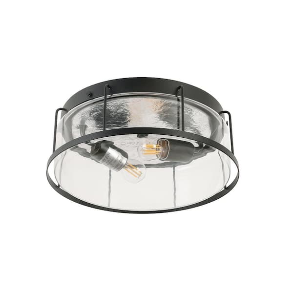 13 in. W 2-Light Matte Black Flush Mount Indoor Drum Shape Clear Glass Ceiling Light