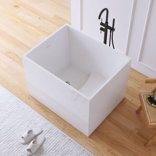 Ivan 35 in. x 28 in. Small Acrylic Flatbottom Freestanding Japanese Soaking Bathtub in White with Seat