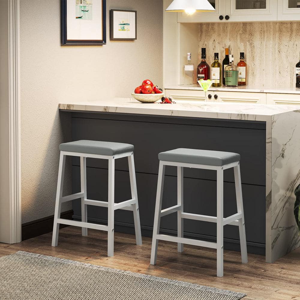 24 in. White Metal Outdoor Bar Stool with Gray PU Leather Cushion 2 of Chai