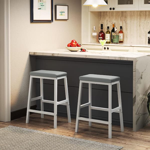 Angel Sar 24 in. White Metal Outdoor Bar Stool with Gray PU Leather Cushion 2 of Chairs Included