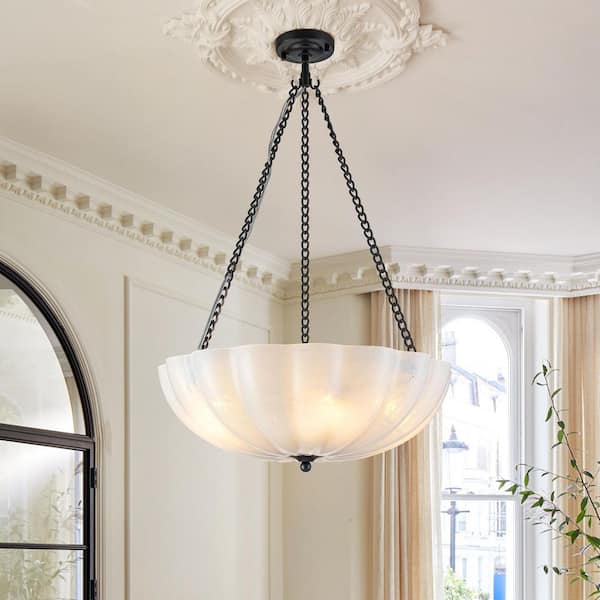 20.87 in. 4-Light Black and White Bowl Semi-Flush Mount Ceiling Light Chandelier with Glass Shade