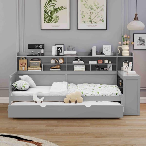Gray Twin Daybed with Storage Shelves, Twin Size Trundle Bed and Study Desk
