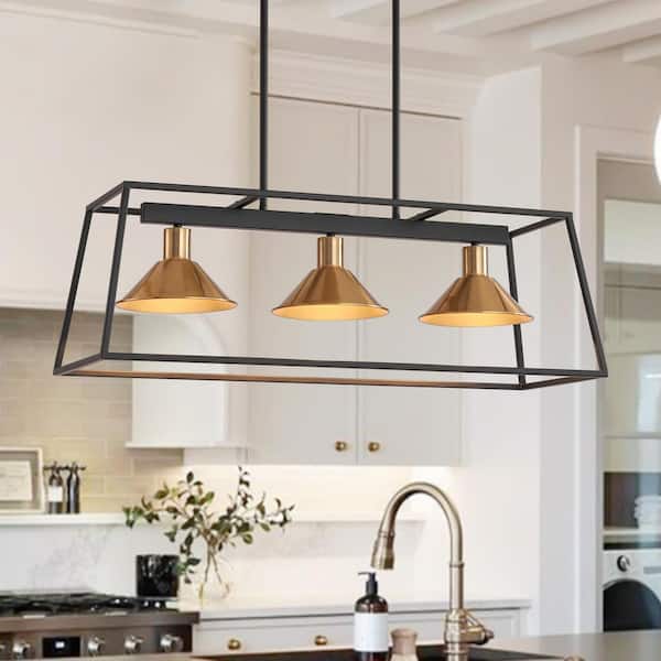 Talia 3-Light 31.1 in. W Matte Black Chandelier Brass Barn Pendant Rectangular Light Fixture for Kitchen Dining Room