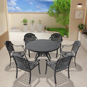 7-Piece Cast Aluminum Round Table 28.35 in. Outdoor Dining Set with Seat Cushions in Random Color