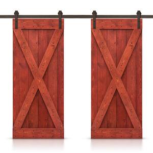 76 in. x 84 in. X Series Cherry Red Stained Solid Knotty Pine Wood Interior Double Sliding Barn Door with Hardware Kit