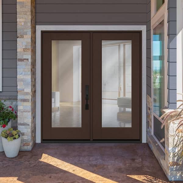 Regency 72 in. x 80 in. Full Lite Clear Glass Chestnut LHIS Stained Fiberglass Retro Patio Door with 6 in. Jamb