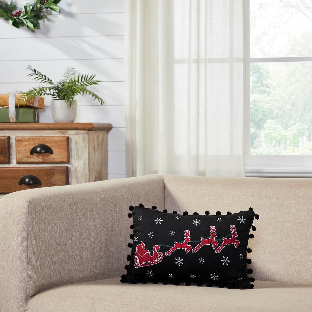 Black and Red Santa Sleigh Pom Pom Throw Pillow