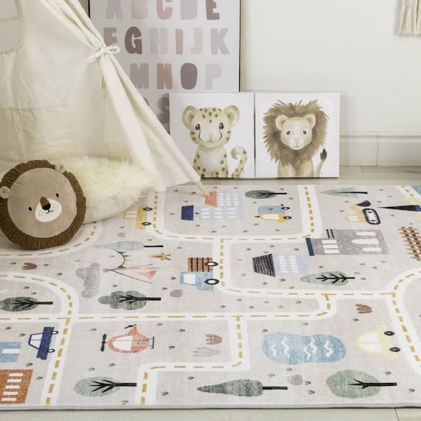 Soft Steps Playtime Blue Grey 5 ft. x 8 ft. City Road Map Area Rug