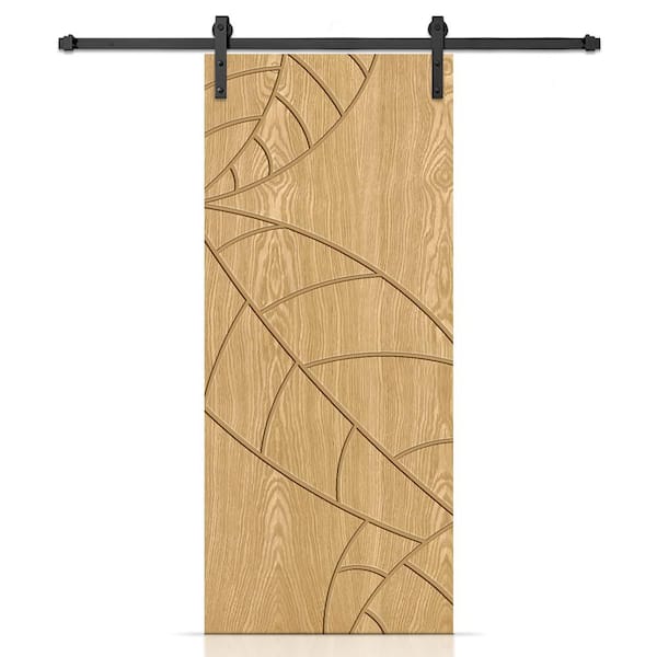 CALHOME 24 in. x 84 in. Leaf Hollow Core Weather Oak Oak Veneer Composite Interior Sliding Barn Door with Hardware Kit