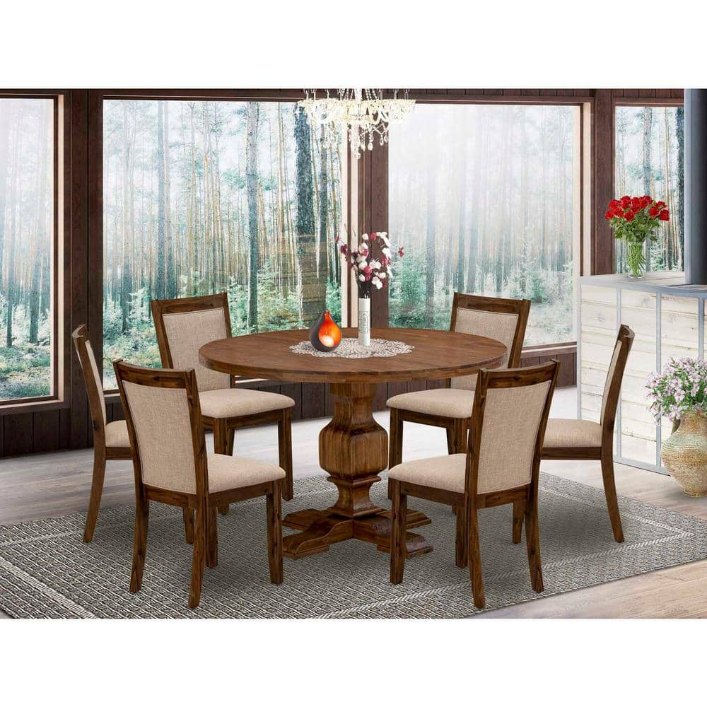 East West Furniture 7-Piece Round Natural Oak Finish Solid Wood