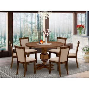 7-Piece Round Natural Oak Finish Solid Wood Top Dining Table with 6 Parson Chairs with Lattice Back