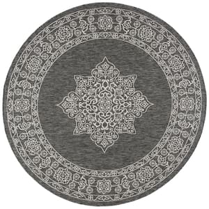 Courtyard Black/Ivory 7 ft. x 7 ft. Round Medallion Indoor/Outdoor Patio  Area Rug