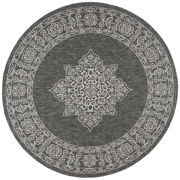 SAFAVIEH Courtyard Black/Ivory 7 ft. x 7 ft. Round Medallion Indoor/Outdoor Patio  Area Rug