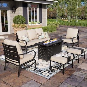 Black Metal Slatted 7 Seat 6-Piece Steel Outdoor Fire Pit Patio Set with Beige Cushions, Rectangular Fire Pit Table