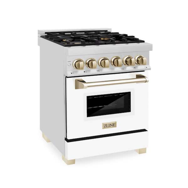 ZLINE Kitchen and Bath Autograph Edition 24 in. 4 Burner Dual Fuel Range in Stainless Steel, White Matte and Polished Gold