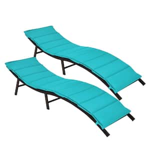 2 Pieces Wicker Outdoor Chaise Lounge with Turquoise Cushions
